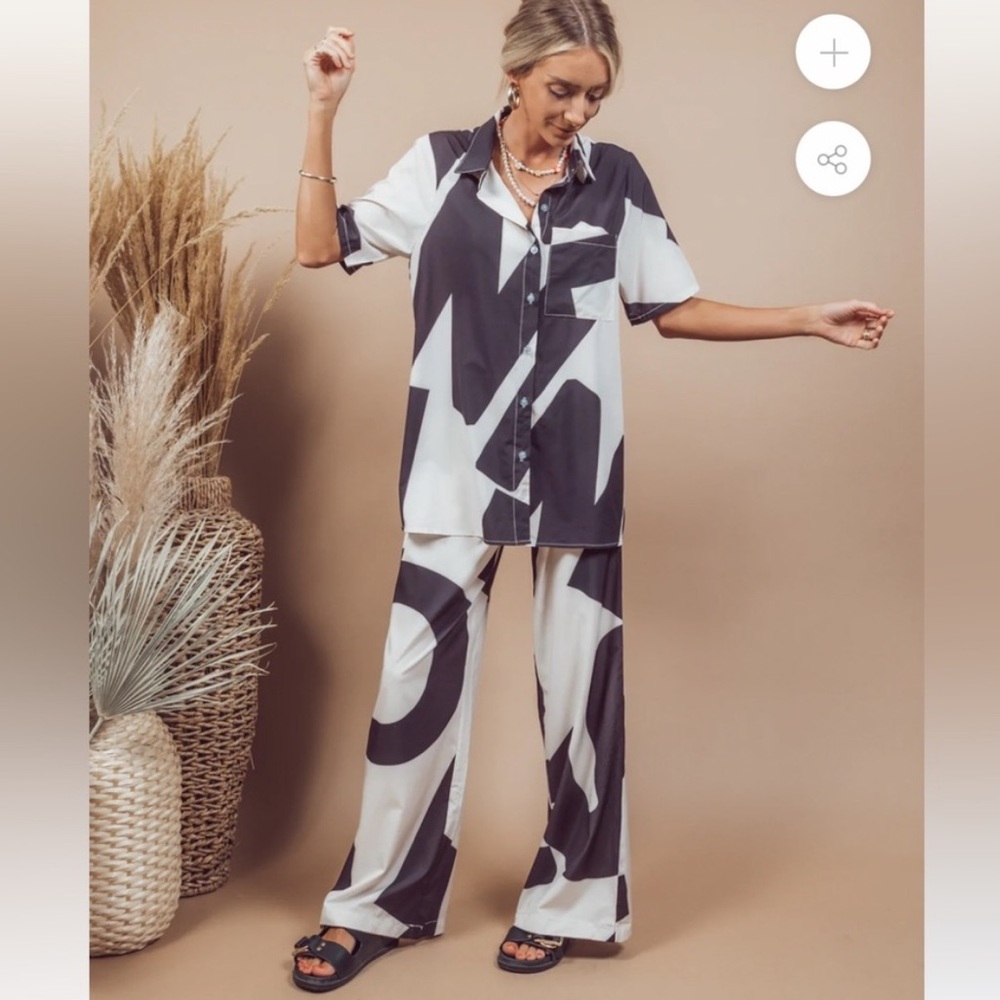 Shop Stevie Poem Matching Set Size Medium Top & Wide Leg Pants Cream Black NWT